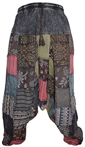 Gheri Uomo Patchwork Effetto Slavato Yoga Bohemian Baggy Pantaloni Harem Stampati, S/M
