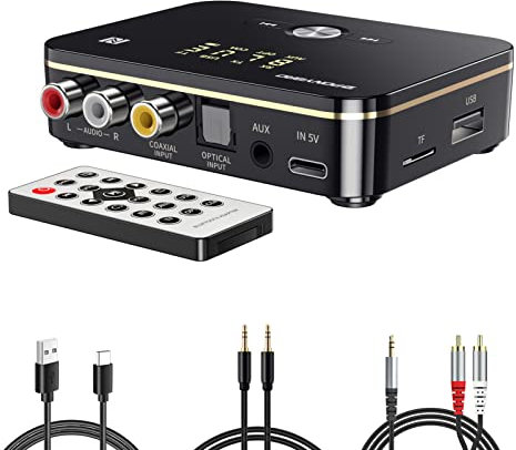 PONYBRO - Transmisor receptor de audio Bluetooth 5.0 2 en 1 con mando a distancia, adaptador de audio Bluetooth de alta fidelidad con 3.5 mm y RCA, COAXIAL, Óptico, NFC, Aptx-LL para estéreo de hogar