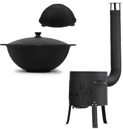 4BIG.fun Ø45 Utschak mit Abzugsrohr und 16L Kazan eben Uchag Campingofen Feuerofen Gulaschkessel Kasan Eintopfofen Gulaschkanone Ungarischer Kesselgulasch Topf Feldküche