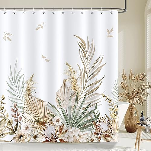 Bonhause Cortina de Ducha Hojas de Palma Boho Plantas Tropicales Cortina de Baño de Poliéster Impermeable Antimoho Lavable Cortina Ducha 180 x 180 cm con 12 Ganchos