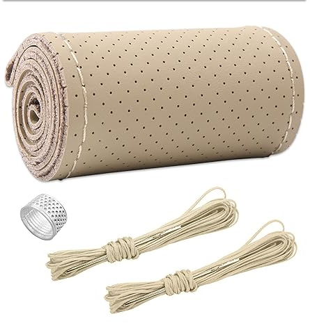 Ziciner Lenkradbezug aus echtem Leder, Stich auf Wrap, atmungsaktiver Anti-Rutsch-Auto-Lenkradschutz für max. Durchmesser 38,1 cm, DIY Nähen mit Nadelfaden (Beige, Loch)