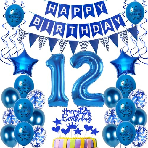 Luftballons 12 Geburtstag Dekoration Junge Ballon Deko 12. Geburtstag Junge blau Geburtstagsdeko 12 jahre Tortendeko 12.geburtstag birthday Banner Party Deko 12