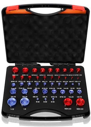 44-teiliger Zoll- und Metrischer Gewindeprüfer, Gewindelehren-Set aus Aluminiumlegierung in Rot und Blau, Praktischer, Einfach zu Bedienender Gewindeprüfer in Standard- und