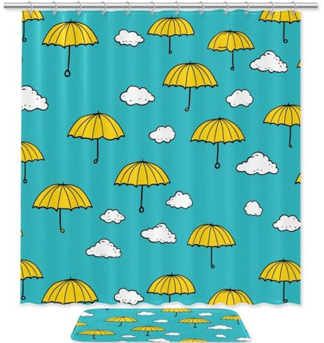YTYVAGT Juego de cortina de ducha, juegos de baño con cortina de ducha y alfombras, nubes y paraguas, cortina de ducha