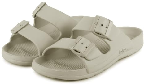 totes® SOLBOUNCE Ladies Adjustable Double Buckle Slider Sandals, Lightweight Compression-Proof Insole, Anti-Bacterial, Machine Washable at 30°, Perfect for Summer, Stone, 6 UK
