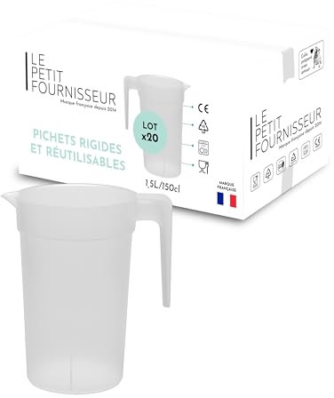 LPF LE PETIT FOURNISSEUR - Lot de 20 Pichets réutilisables 1,5 Litre - Polypropylène plastique alimentaire rigide - Carafe à eau, thé glacé, boissons - Compatible lave-vaisselle - Transparent Givré