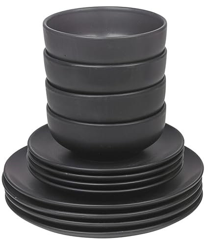 Queensway Home & Dining Stone Ceramic Dinnerware of 12/24 Pcs Crockery Plates Bowls for Dining Set, 4 Solid Colour Elegant Tableware Set - Dishwasher Safe, Dessert, Pasta, Salad Plates with Bowls