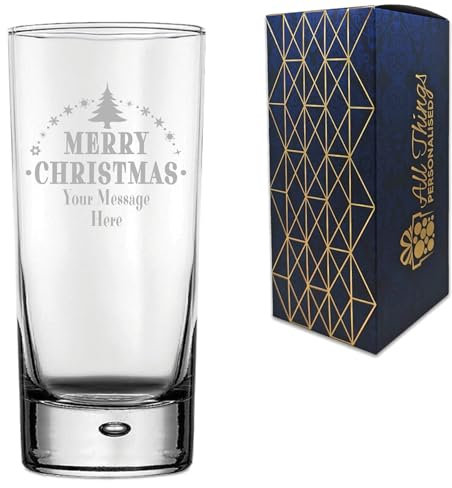 Personalised Engraved Novelty Christmas Bubble Hiball Tumbler Glass with Merry Christmas Tree Design, Customise with Any Name or Message, Gift Box Included, Laser Engraved