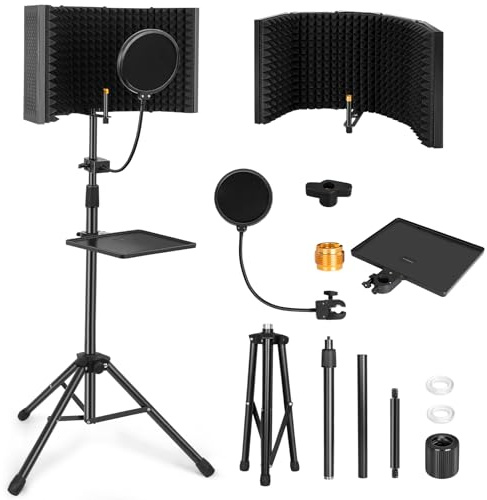 AKOZLIN Écran d'isolation pour microphone de studio pliable écran acoustique avec filtre anti-pop et support de trépied adaptateur de microphone 3/8'' à 5/8'' pour microphones Blue Yeti et à