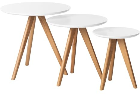 home24 Beistelltisch 3teilig Holz teilmassiv Braun Weiß 48 x 48 x 45 cm | rund, Tischplatte MDF, Beine Massivholz Eiche, lackiert, skandinavisches Design, Wohnzimmer