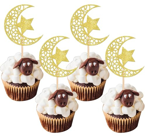 Xsstarmi 24 Packung Mond Stern Moschee Cupcake Toppers Glitzer Halal Eid Mubarak Cupcake Picks Dekoration für Ramadan Kareem Eid Islamic Muslim Party Kuchendekoration Gold