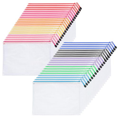 40 pcs bolsa de documentos A4, 10 colores, carpeta de documentos de malla impermeable, bolsas transparentes con cremallera para archivo, cosméticos, material de oficina