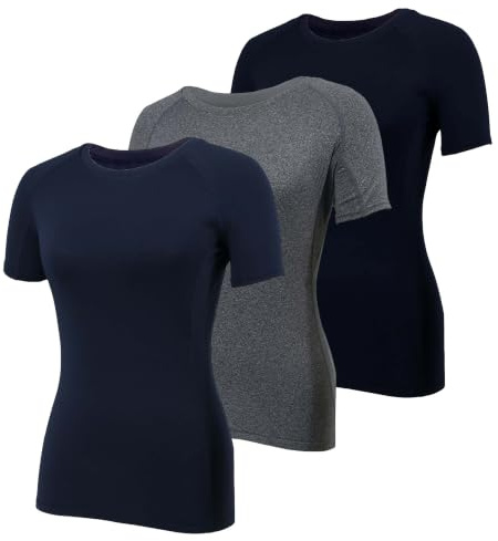 YUSHOW 3-pack kompressionströja dam kortärmad – ogenomskinlig sporttröja-set för gym och yoga – andningsbar funktionströja med 4-vägs stretch, L