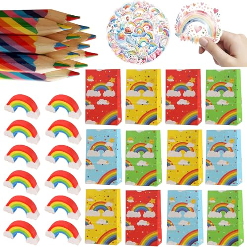Arcobaleno Set di 86 matite colorate, 12 gomme da cancellare, 12 sacchetti regalo e 50 adesivi, ideali per feste di compleanno