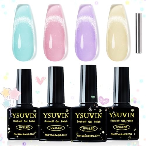 YSUVIN Smalto Semipermanente Unghie Magnetico, 4 Colori ​Blu Rosa Viola Giallo Gel Cristallo Occhio di Gatto con Magnete Soak Off UV, Kit Manicure per Fai da Te, 8 ML