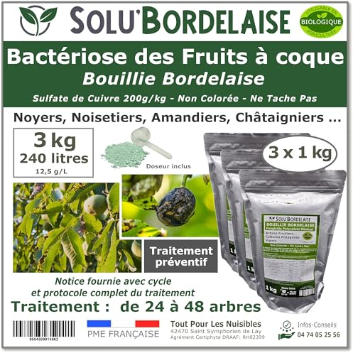 Solu'Bordelaise - 3 kg de Bouillie Bordelaise - Bactériose des Fruits à coque - Utilisable Agriculture Biologique - 3 Sachets Refermable de 1 kg