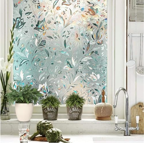 Homewell Fensterfolie Blickdicht mit Blumen Motiv - 3D Regenbogeneffekt Sichtschutzfolie Fenster statisch haftend - Glasdekorfolie selbsthaftend UV Schutz 60x200 cm