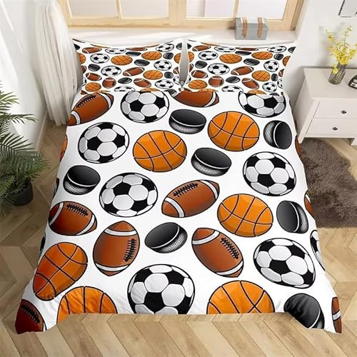 Housse de Couette 220x240 cm Sports de Ballon Literie Set 3D Microfibre Douce Parures de Lit Adulte 2 Personnes Sports de Ballon Sets Housses de Couettes avec 2 x Taie d'oreiller 65x65 cm e.1525