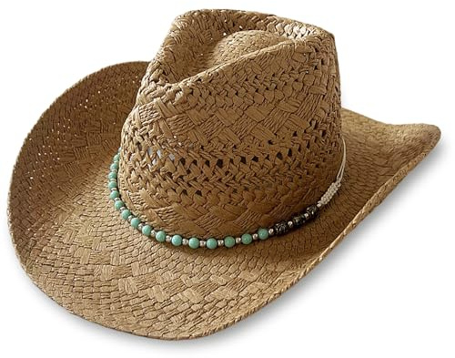 Comebachome Stroh Cowboyhut, westliche Perlen Stroh Cowgirl Hut Sonnenschutz Atmungsfreie, breite Krempe Beach Mütze für Sommer Beach Urlaub, Cowboyhüte für Frauen
