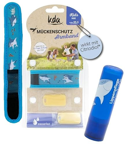 kda Mückenschutzarmband Kids Hai + Lippenpflege Hai - Hai Edition Jungs Urlaub Lippenpflege Sonnenschutz Mückenschutz Moskito Insektenschutz Outdoor Wandern Camping