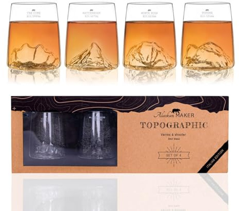 Coffret de 4 shooters 6.5 cl - Borosilicate de qualité supérieure soufflé artisanalement avec les montagnes en relief | Forme Tulipe | TOPOGRAPHIC (Tre Cime, Matterhorn, Monte Rosa, Tofane)