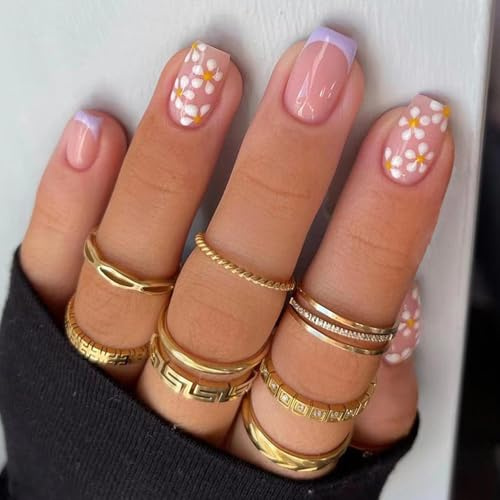 24-Piece Short Square False Nails, Glossy Pink, Lilac French Daisy Tips | Coordinated Pattern Mix, For At-Home Manicures And Casual Events, Check Nail Size And Curvature Before Use