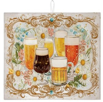 Vintage Beer Glasses Dish Drying Mats For Kitchen, Floral Gold Absorbent Dish Drainer Rack Mat, Rustic Microfiber Drying Pad For Coffee Bar 16x18 Inch
