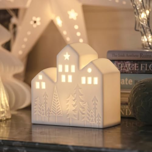Lights4fun Beleuchtete Weihnachtshäuser aus Keramik | Batteriebetrieben & mit Timer | Dekohäuser mit LEDs beleuchtet | Weihnachten Weihnachtsdorf Weihnachtsdekoration | Weiß