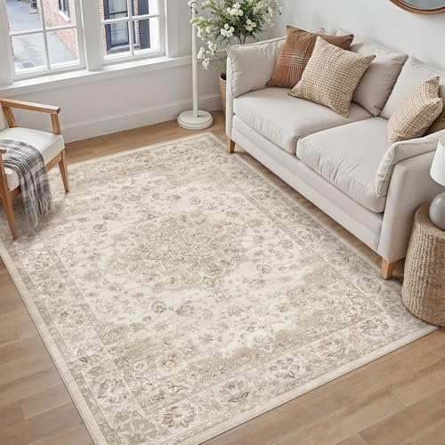PureCozy beige mattor för sovrum vardagsrum 120 x 170 cm, vintage mjuka mattor med halkskydd, maskintvättbara, traditionellt orientaliskt tryck låg lugg för kök matsal tvättstuga kontor