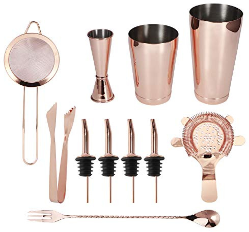 ANKROYU Professional Bartender Kit 11Pcs Stainless Steel Cocktail Shaker Set with Mixing Spoon Jigger Strainer and Wine Pourer for Home Bars and Cocktail Parties in Rose Gold or Bl (11-teiliges