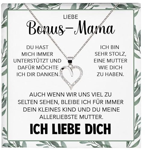 22Feels Liebe Bonus-Mama Stiefmama Geschenk SET Muttertag Stiefmutter Frauen Herz Halskette Damen Schmuck 925/000 Silber Collier mit Karte, Tasche u.m. - Hochzeit, Muttertag, Geburtstag