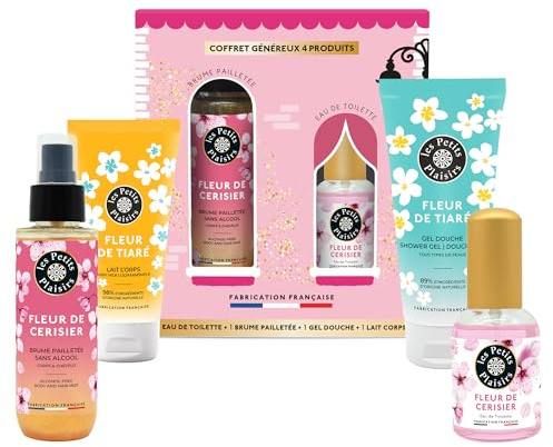 Coffret Cadeau Les Petits Plaisirs – Le Village des Senteurs Fleur de Cerisier – Eau de toilette 30ml, Brume pailletée, Gel douche & Lait corps – Fabriqué en France