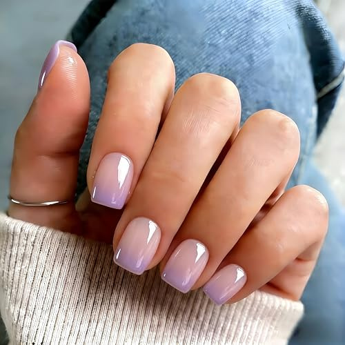 KQueenest Chrome Ombre Lilac Press on Nails Short Square, Glazed Cute False Nails with Sparkle Mirror Design, Shiny Glitter Fake Nails Short, Gradient Nude Artificial Nail Press ons 30 Pcs