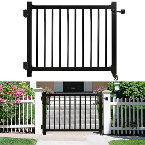 Deck Gate with Wheels, 42 x 48 Inches Auto-Closing Outdoor Railing Gate Fence Gate for H Railing, 1 Round Pipe with Latch,Cuttable Lockable for Outdoor Deck Patio