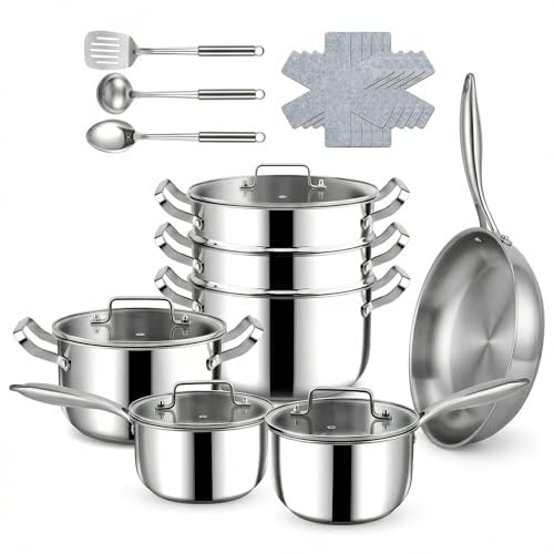 22cm Stock Pot with Lid - Multi-Purpose Cooking Pot for Boiling - Stewing and Simmering - Induction Casserole Pan for Family Soups, Pasta and Gravy - Dishwasher Safe Kitchen Essential