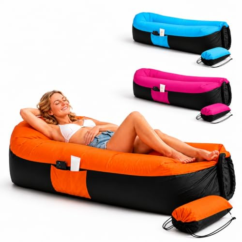 EastCity Luftsofa Aufblasbar mit Kopfstütze und Seitentasche, 230 x 70 cm Aufblasbares Sofa für Camping, Strand und Festival, Air Lounger mit Tragebeutel, Tragbare Aufblasbare Liege, Orange