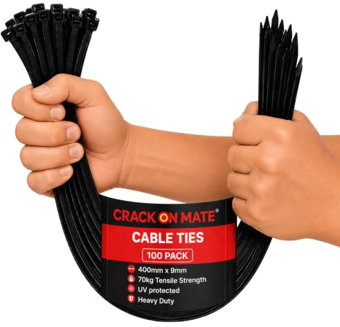 100 Pack 400mm x 9mm Heavy Duty Cable Ties, Black UV Resistant Zip Ties | 70 kg Tensile Strength, UV-resistant nylon cable ties built for outdoor, garden, electrical, fencing and automotive use.