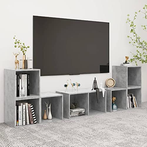 Wynira Juego de 6 armarios para TV, color gris hormigón de madera, mesa baja para televisión, aparador con espacio de almacenamiento, gestión de cables y estante para salón, cine en casa, videojuegos