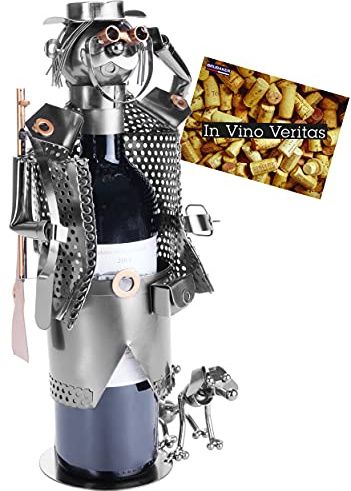 BRUBAKER Wein Flaschenhalter Jäger - Flaschenständer Skulptur aus Metall mit Geschenkkarte - Silber Weingeschenk Höhe 33 cm