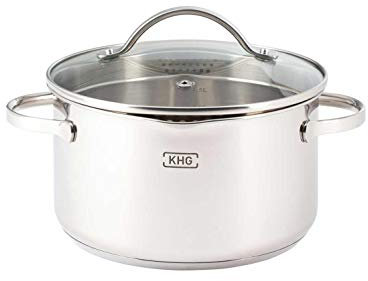 KHG Induktion Kochtopf | Ø 16 cm und 1,25 Liter Volumen | Soßentopf, Fleischtopf aus rostfreiem Edelstahl | Topf inkl. Glasdeckel mit Sieb | Innenskala, Ausguss