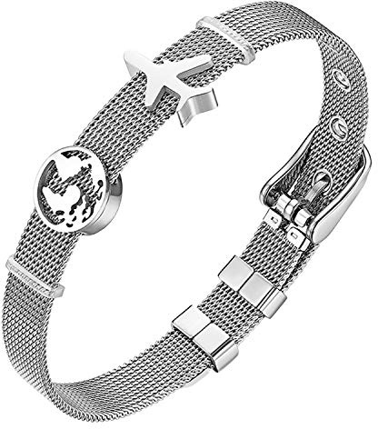 Flongo Damen Armband Frauen Armreif Armkette BFF Freundschafsarmbänder aus Edelstahl Armband Damenarmband Meshband Silber Weltkarte Flugzeug Verstellbar