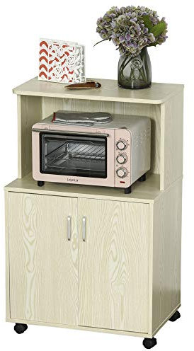 HOMCOM Aparador Auxiliar para Microondas Armario Bajo de Cocina con Armario de 2 Puertas y Estante Ajustable con Ruedas Carga 70 kg 60,4x40,3x97 cm Roble