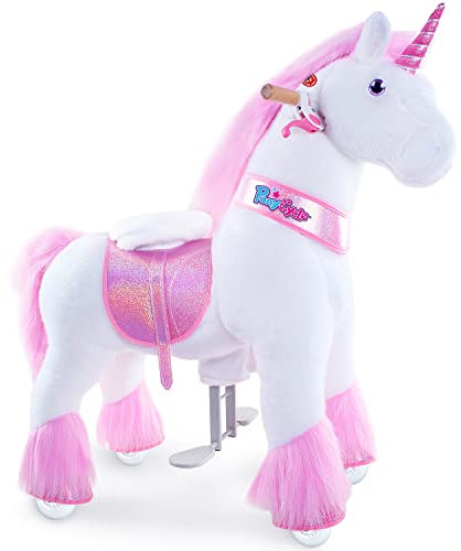 PonyCycle Einhorn zum Reiten, für Kinder 4–7 Jahre, 76cm Hoch, Einhorn auf Rollen mit Handbremse und Klang, Einhorn Reitspielzeug, Rosa Plüsch Reitpferd, Klassisches Modell U - Ux402