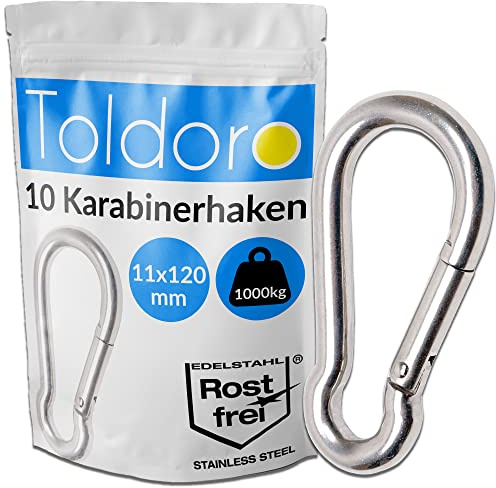 Toldoro Edelstahl Karabiner 11x120mm Rostfrei - NIRO AISI 316 V4A / Karabinerhaken Groß für Slacklines, Segeln, Camping/Feuerwehrkarabiner/Karabiner Set