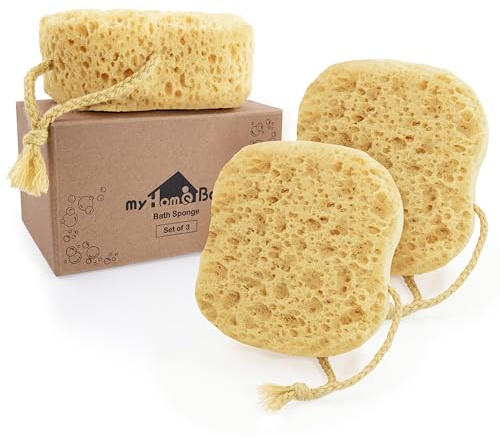 myHomeBody Esponja de baño, esponja de espuma, limpiador corporal para baño, puf de ducha exfoliante para ducha, tamaño grande, mucha espuma, cuadrado, paquete de 3