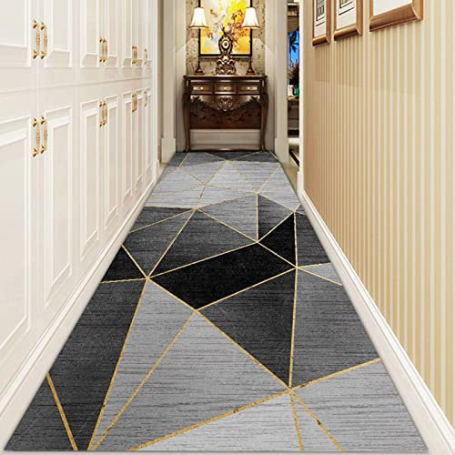 LHYZF Tapis de runneur géométrique Moderne pour la Cuisine des escaliers de Couloir,Tapis de Moquette Long Home Plancher Décoration Tapis -Largeur 60cm 70cm 80cm 90cm 100cm 120cm,Gris/Noir/Or