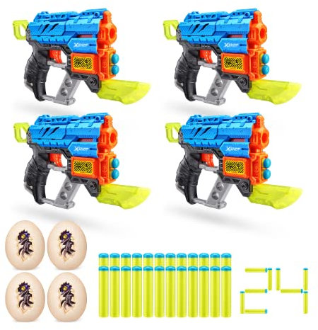 X-Shot Dino Attack 4er Pack Extinct Schaumstoffdart-Blaster (4 kleine Dino-Eier, 24 Darts)