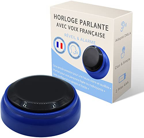 Orologio Parlante per Alzheimer, Aveugle, Malveante o Persona Agea - Voice francese chiara - Idea regalo per Grande madre o Grande Babbo Natale - Con sveglia sonora (Nero e Blu)