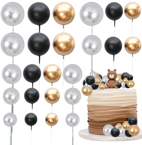 Gyufise 30Pcs Ball Cake Toppers Ball Cake Picks Round Shaped Cupcake Insert Cake Topper for Bear Theme Birthday Party Favors Wedding Decoration Supplies Black Gold Silver