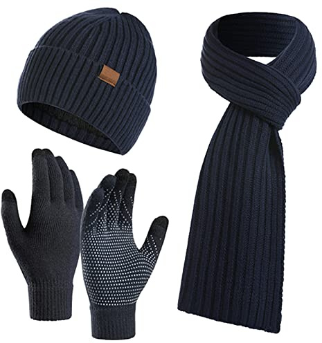 Lot de 3 bonnets, écharpes et gants d'hiver unisexes en tricot chaud, bonnet, gants tactiles, longue écharpe pour homme et femme, bleu marine, taille unique